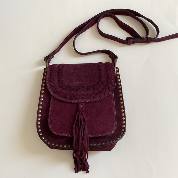 Sundance Handbags - Sundance fringe wine burgundy suede studded western adjustable bag crossbody